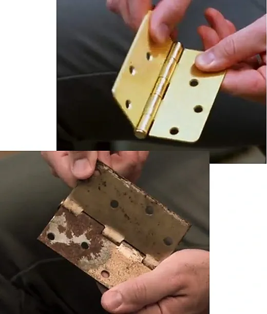 A rusty hinge next to a clean, shiny hinge