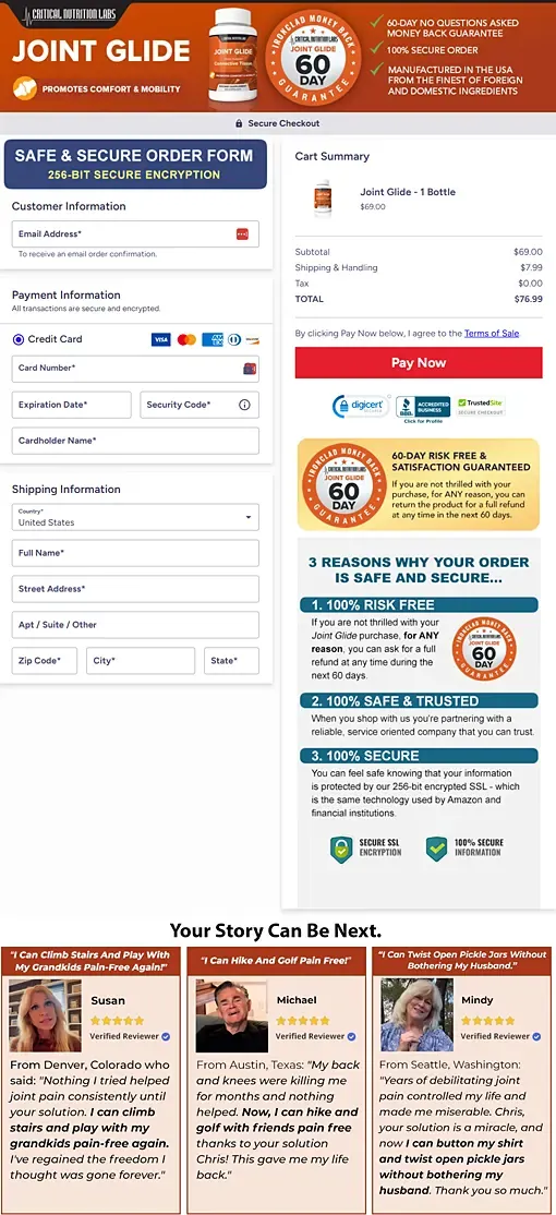 Screenshot of the secure Joint Glide order page with the 1-bottle price and guarantee panel