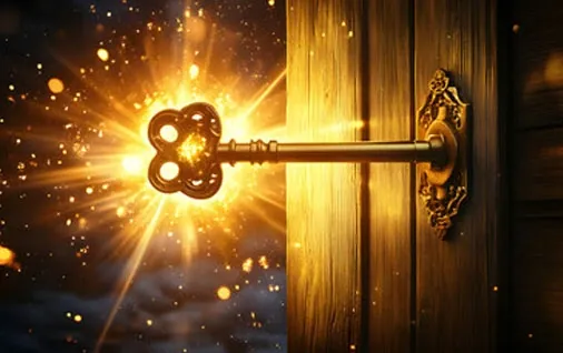 A glowing key inside a keyhole