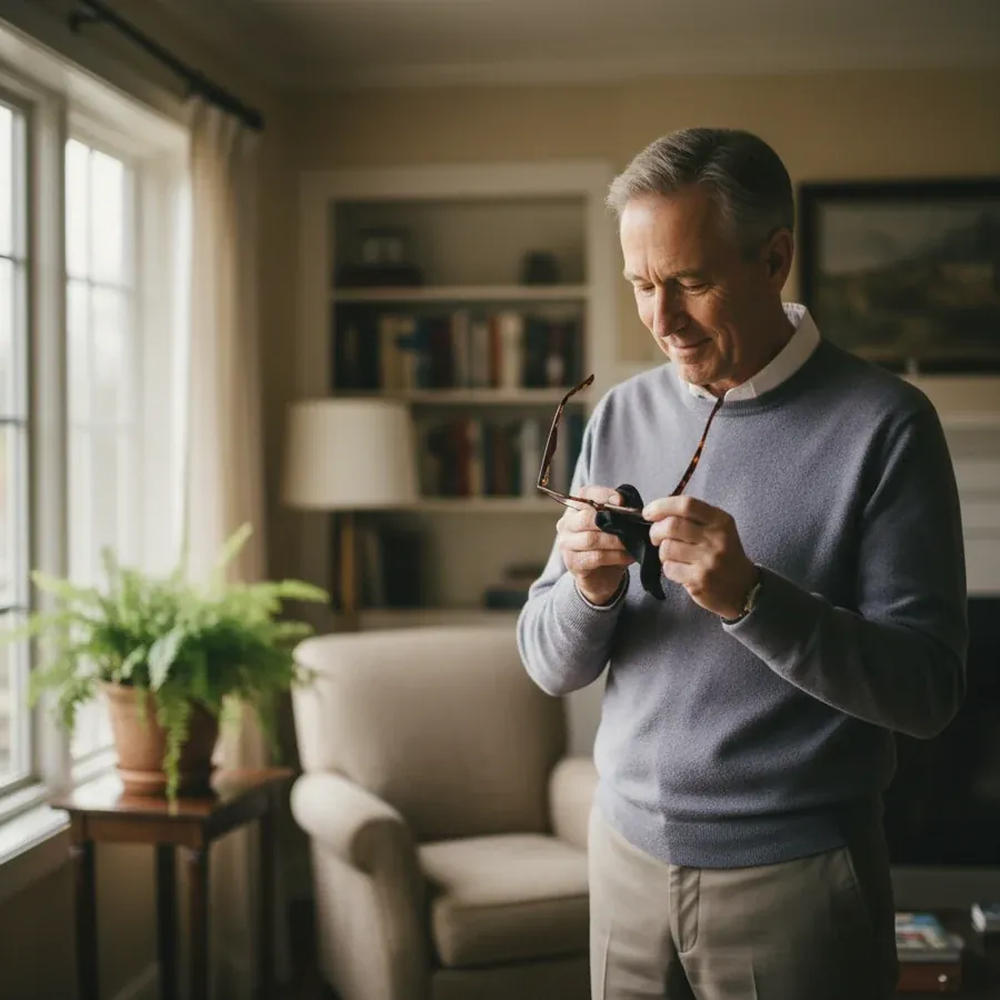 Man in his sixties cleaning his glasses at home