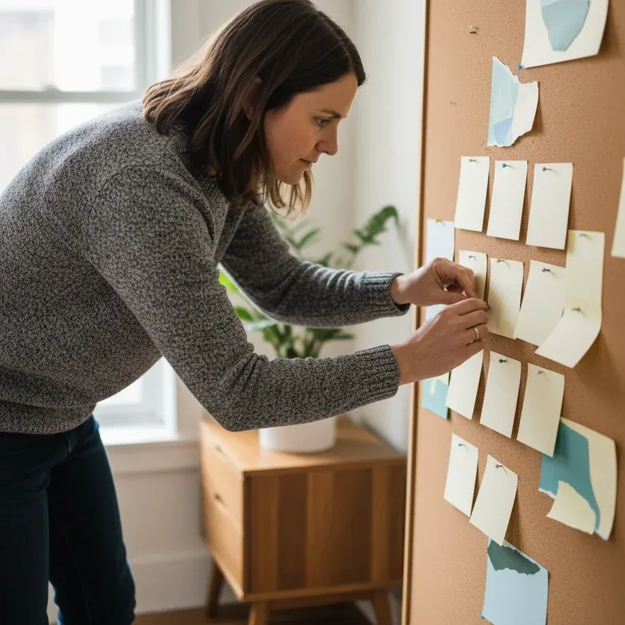 Woman pinning paper notes to a cork board