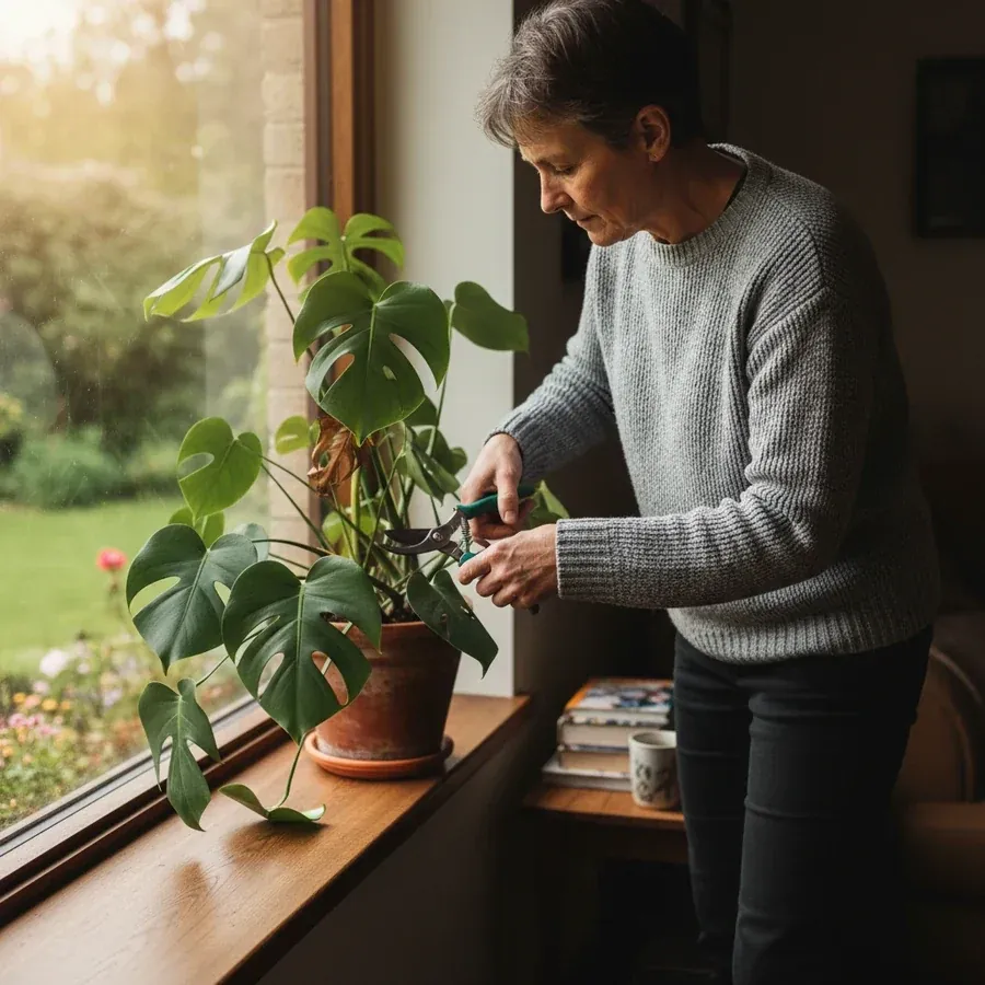 Woman in her fifties trimming a houseplant on a windowsill