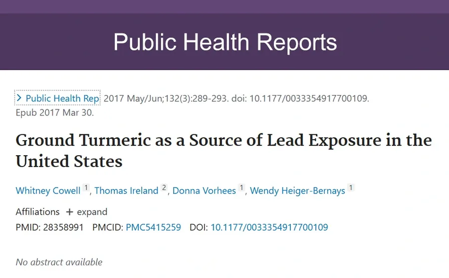 Screenshot of the Public Health Reports article Ground Turmeric as a Source of Lead Exposure in the United States