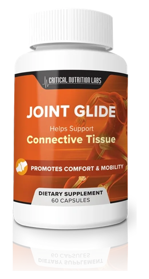 A white bottle of Joint Glide capsules with an orange label reading Helps Support Connective Tissue