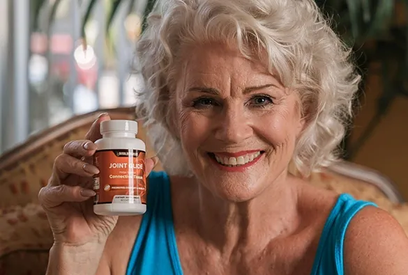 A smiling woman holding a bottle of Joint Glide
